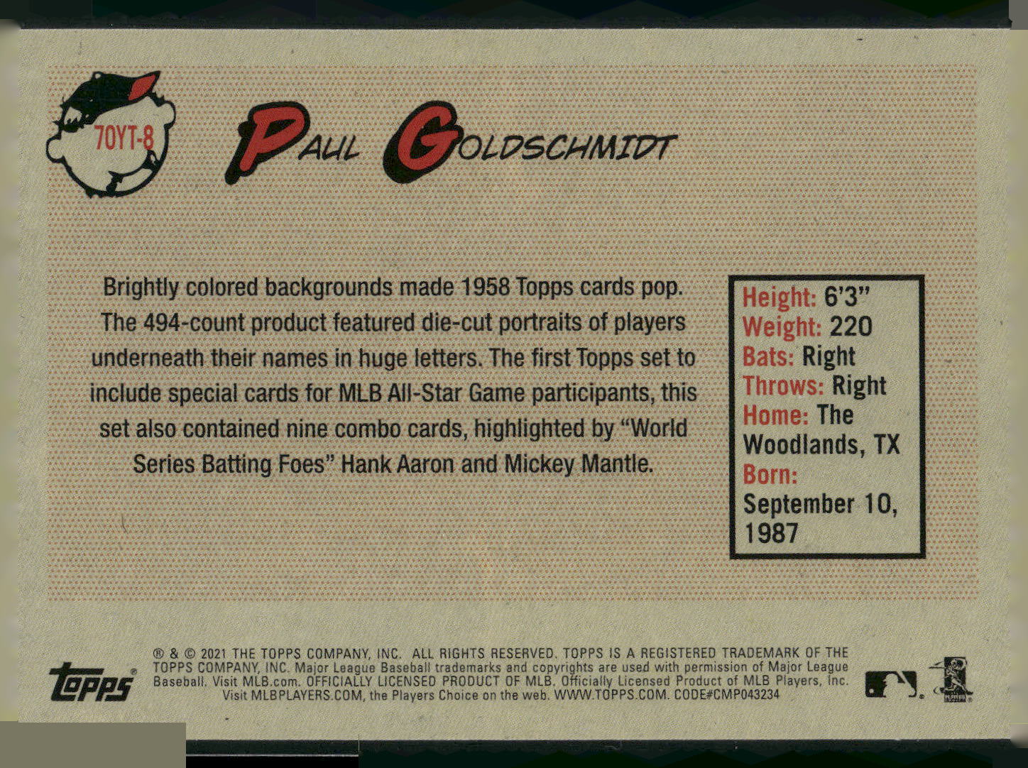2021 Topps #70YT-8 Paul Goldschmidt 70 Years of Topps Baseball (Series 1)