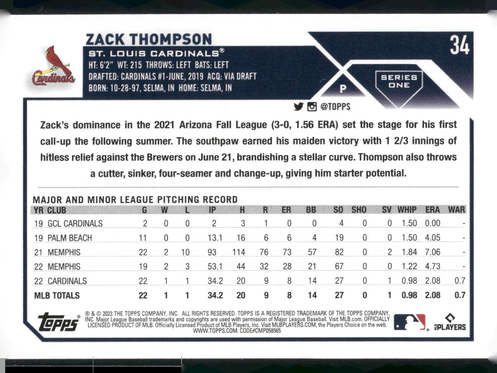 2023 Topps #34 Zack Thompson Rainbow Foil