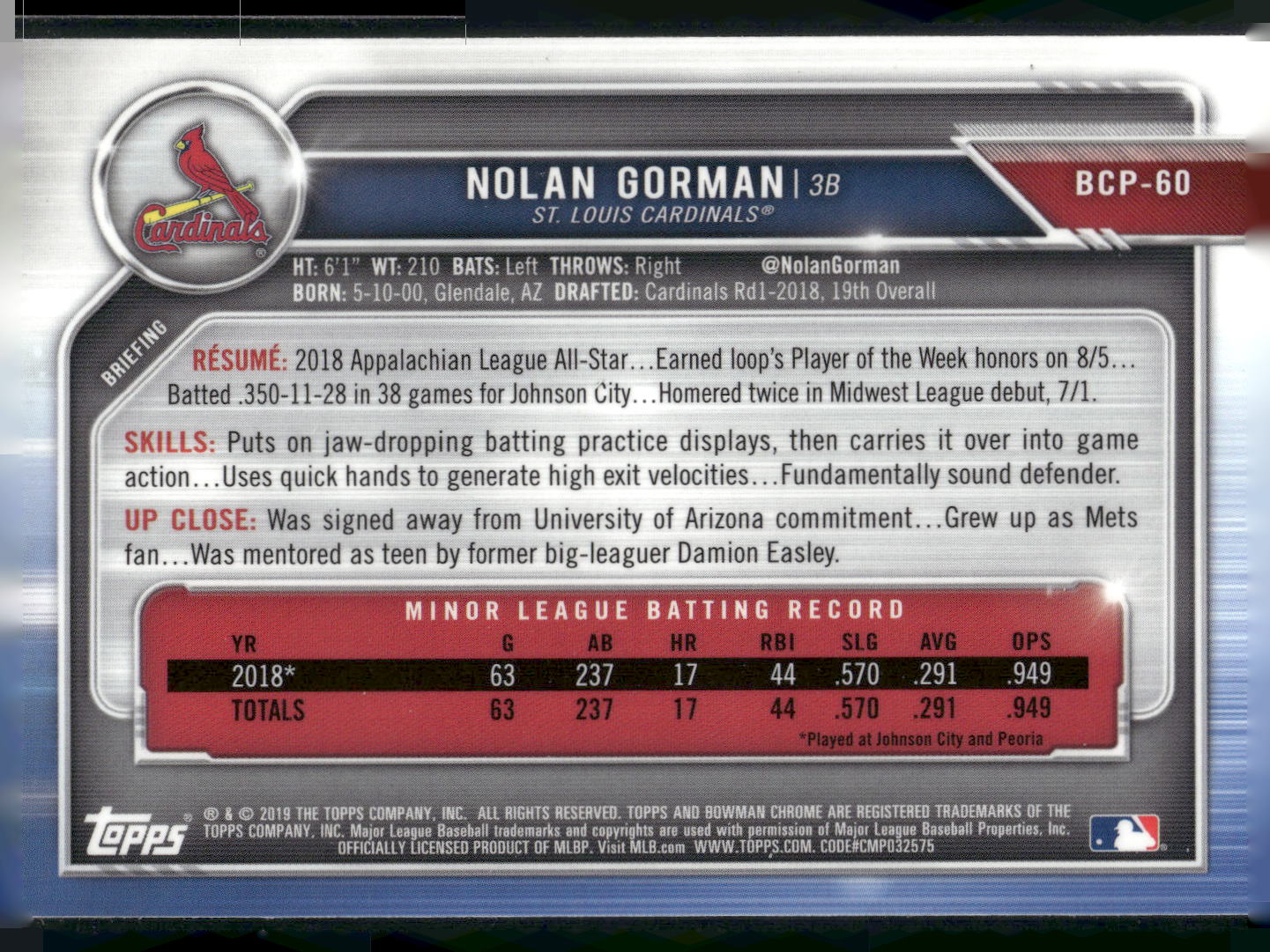 2019 Bowman #BCP-60 Nolan Gorman Chrome Prospects