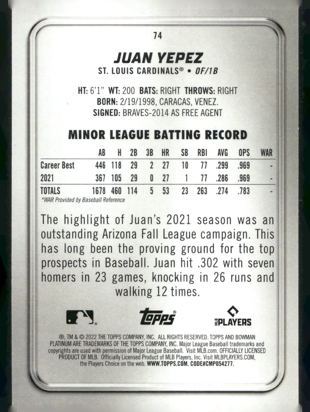 2022 Bowman Platinum #74 Juan Yepez