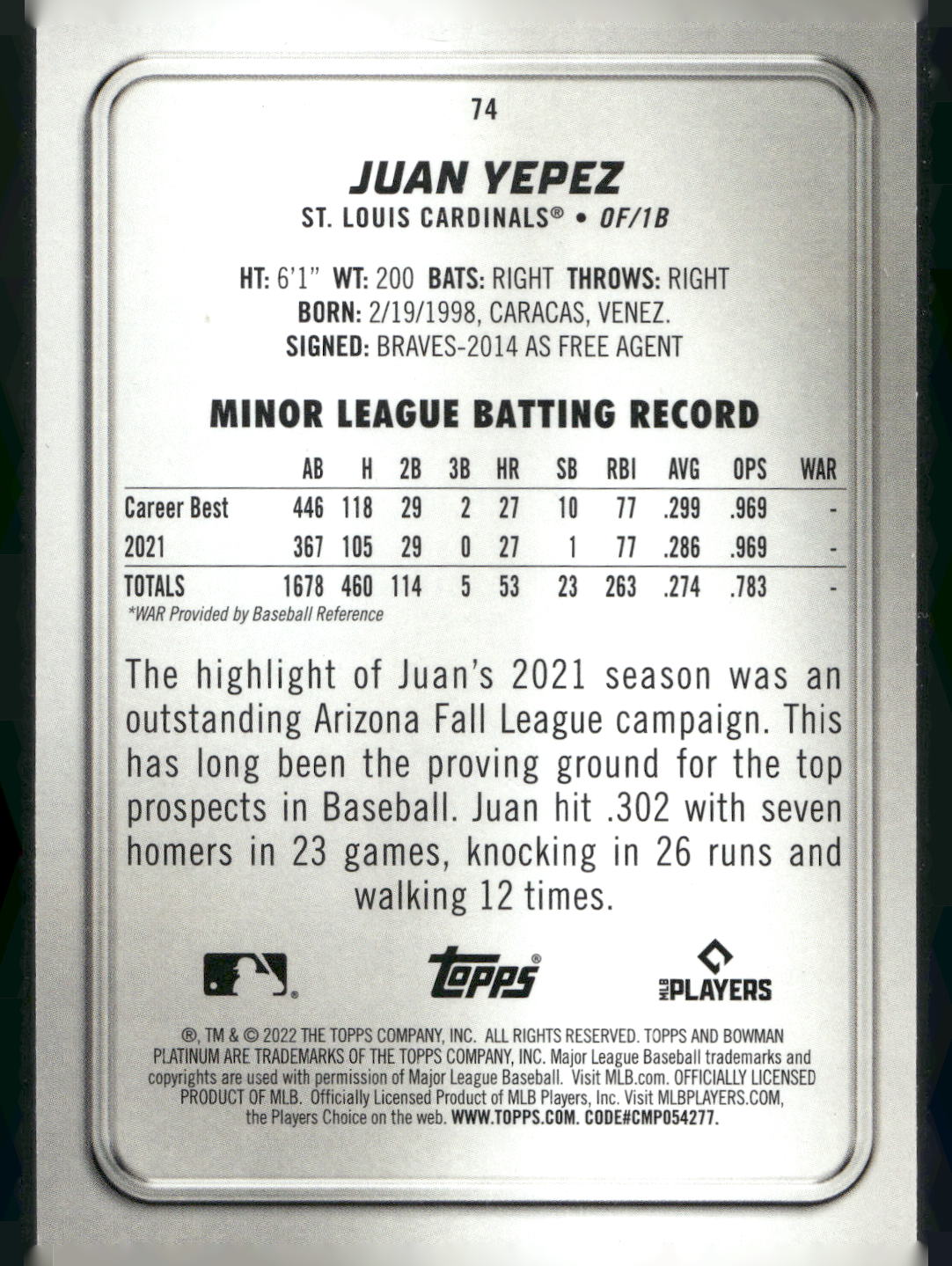 2022 Bowman Platinum #74 Juan Yepez