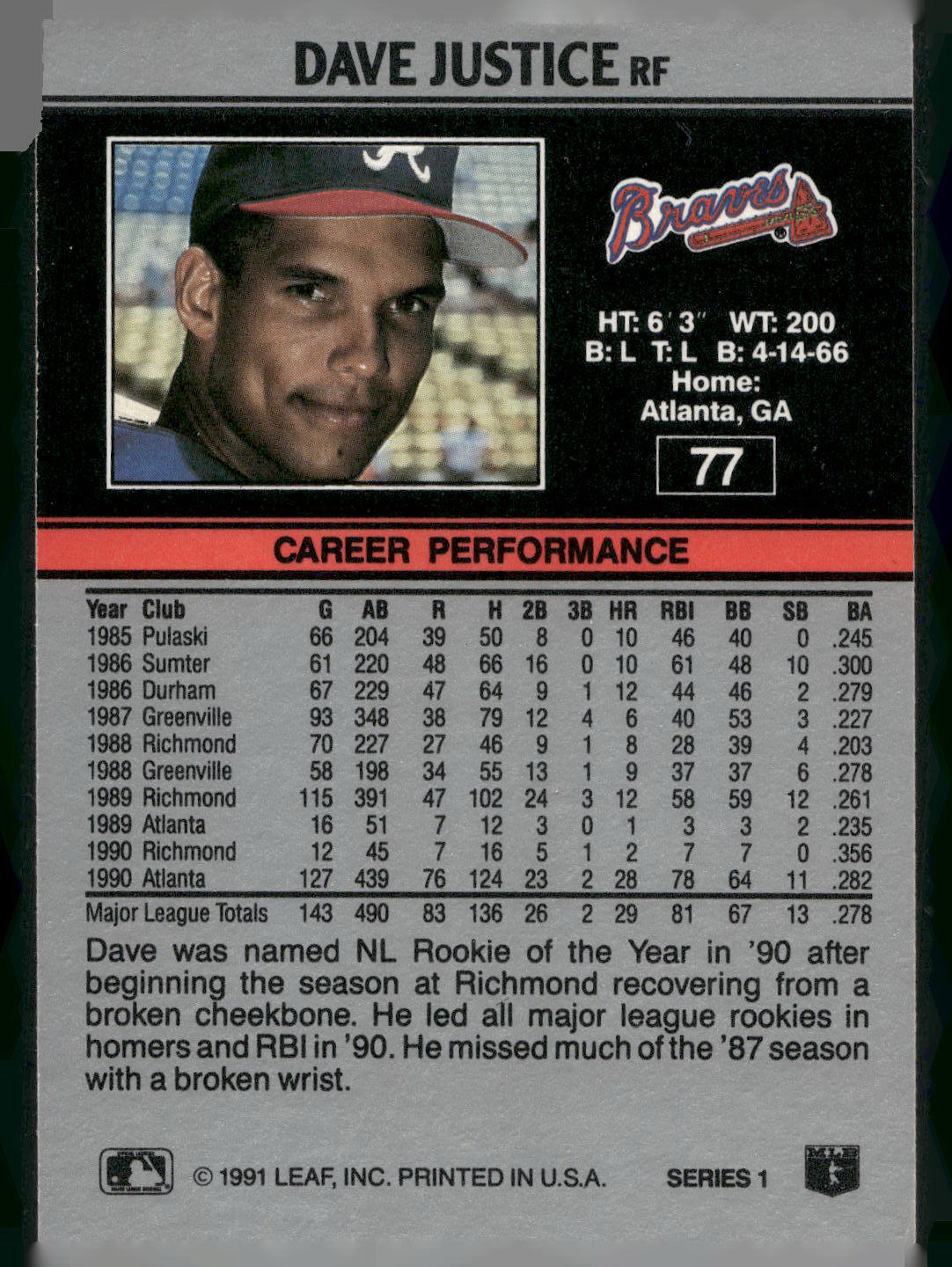 1991 Leaf #77 Dave Justice