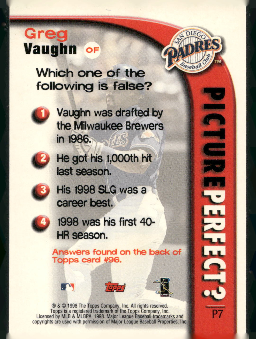 1999 Topps #P7 Greg Vaughn Picture Perfect