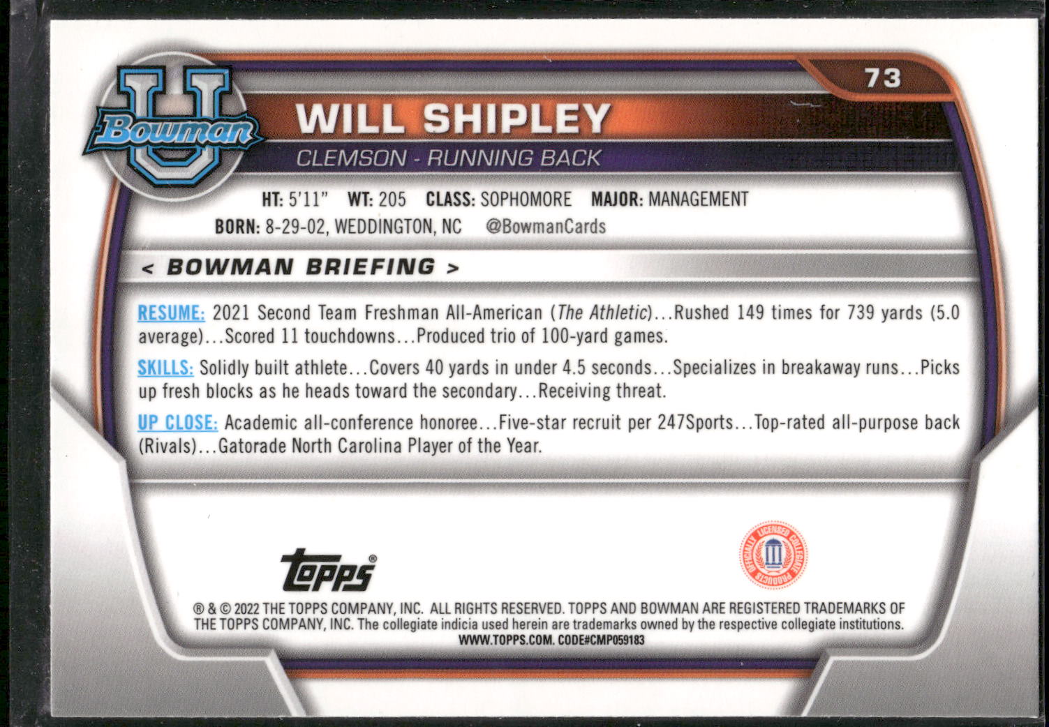 2022 Bowman University Chrome #73 Will Shipley