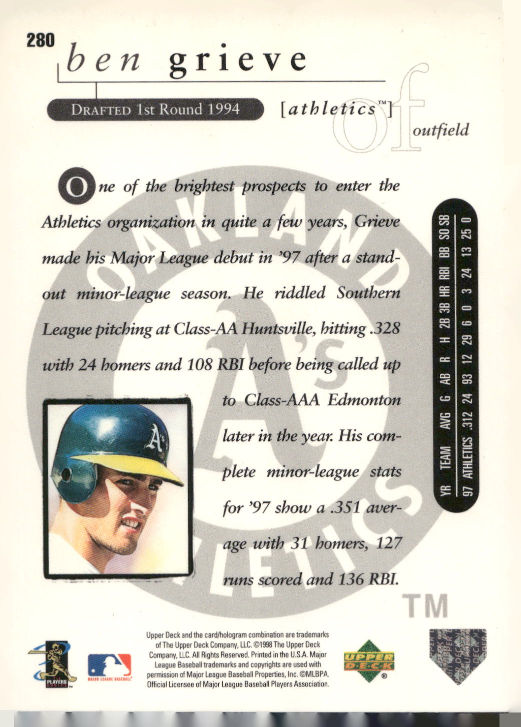 1998 Upper Deck #280 Ben Grieve
