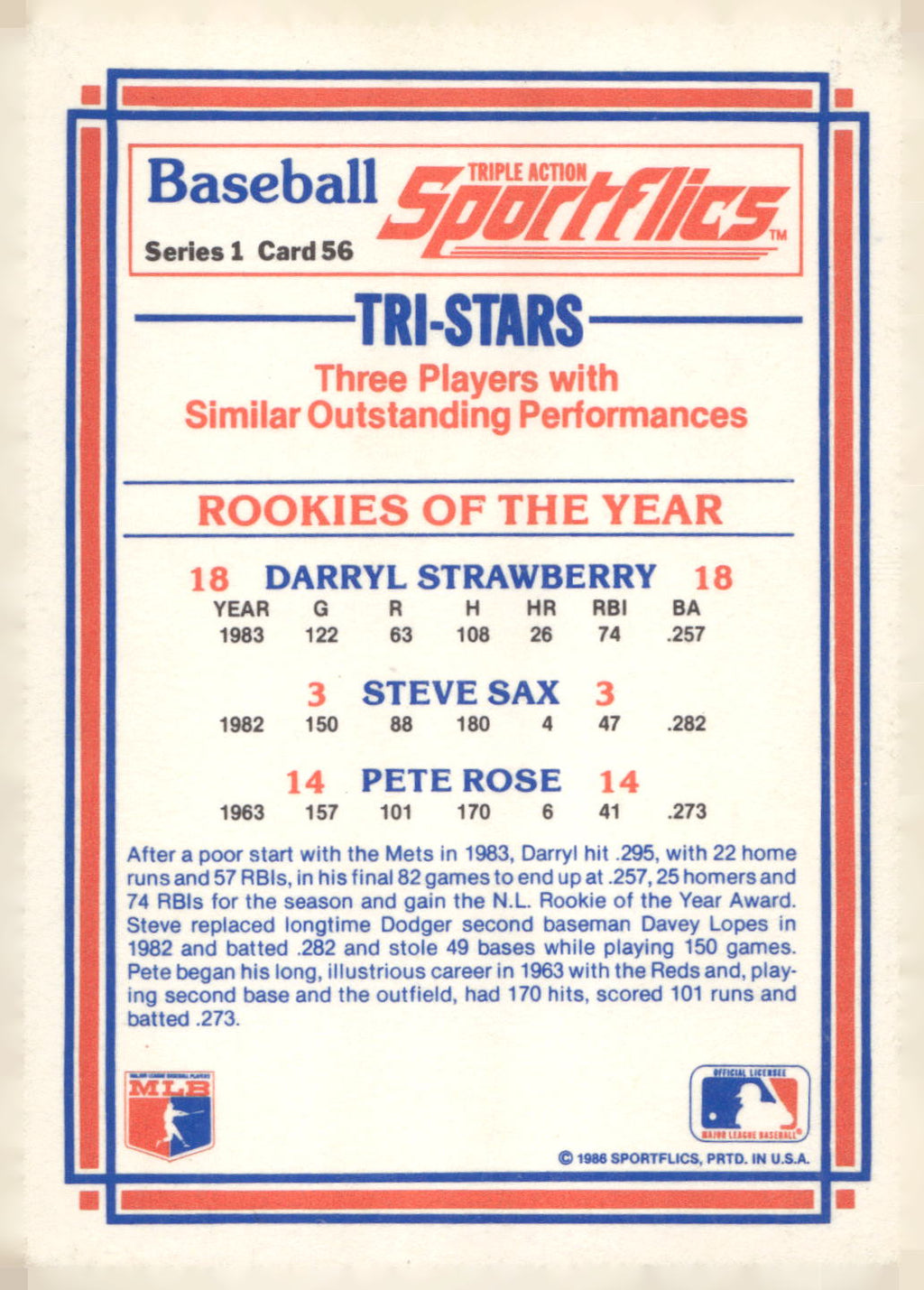 1986 Sportflics #56 Rookies of the Year Strawberry / Steve Sax / Pete Rose