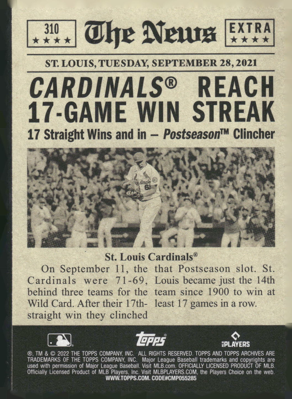 2022 Topps Archives #310 Cardinals Win 17th Straight