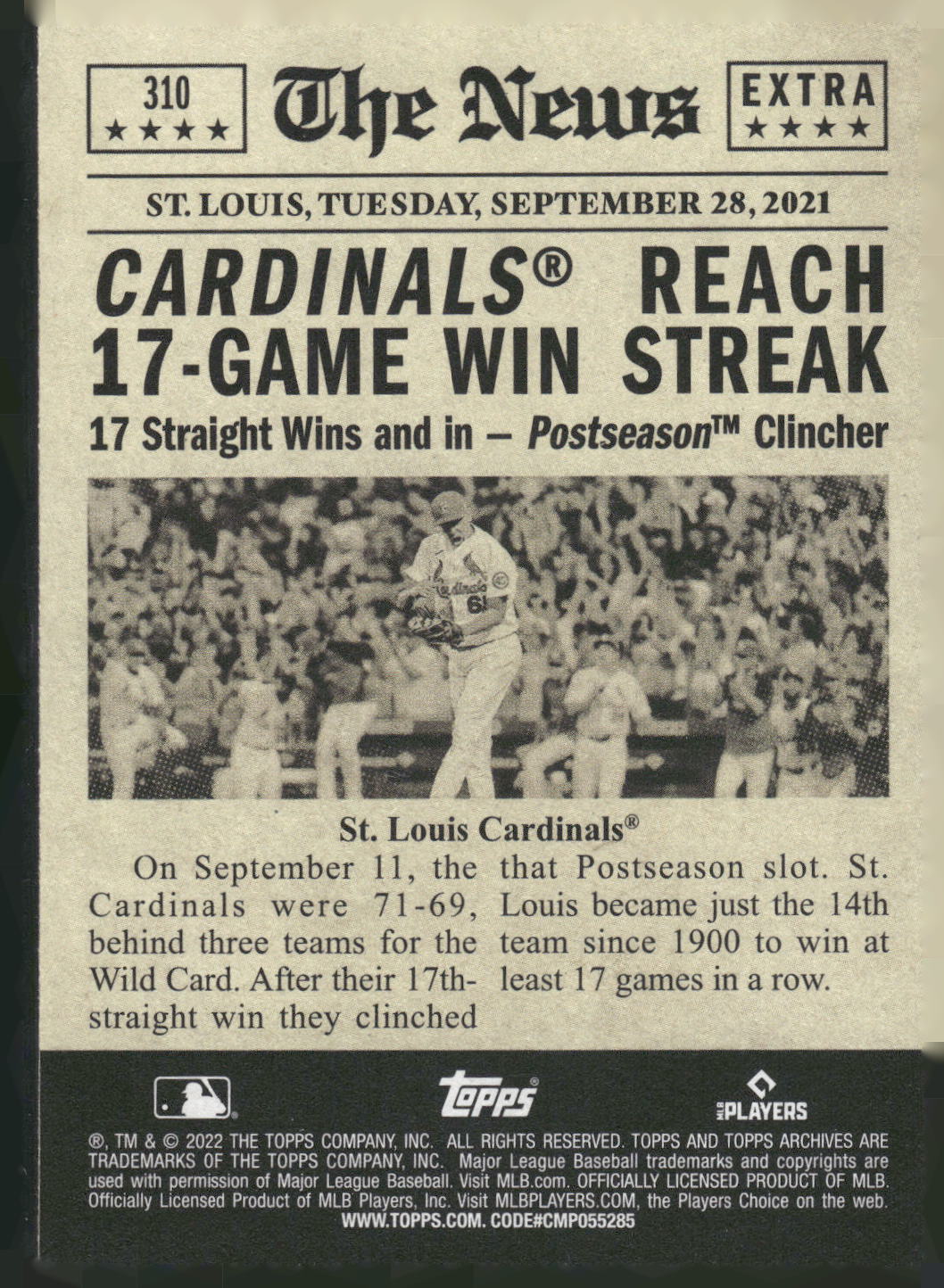 2022 Topps Archives #310 Cardinals Win 17th Straight