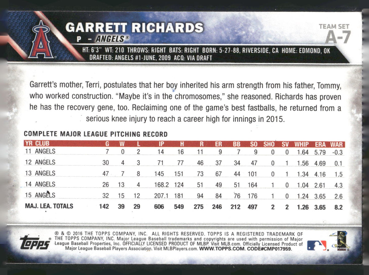 2016 Topps Los Angeles Angels #A-7 Garrett Richards