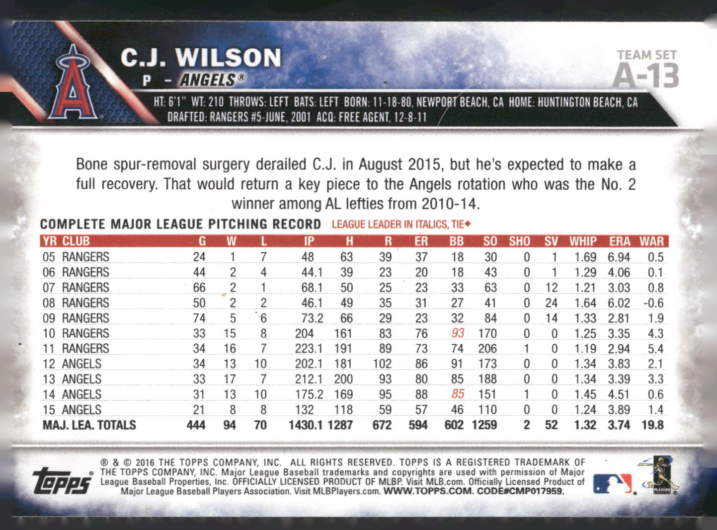 2016 Topps Los Angeles Angels #A-13 C.J. Wilson