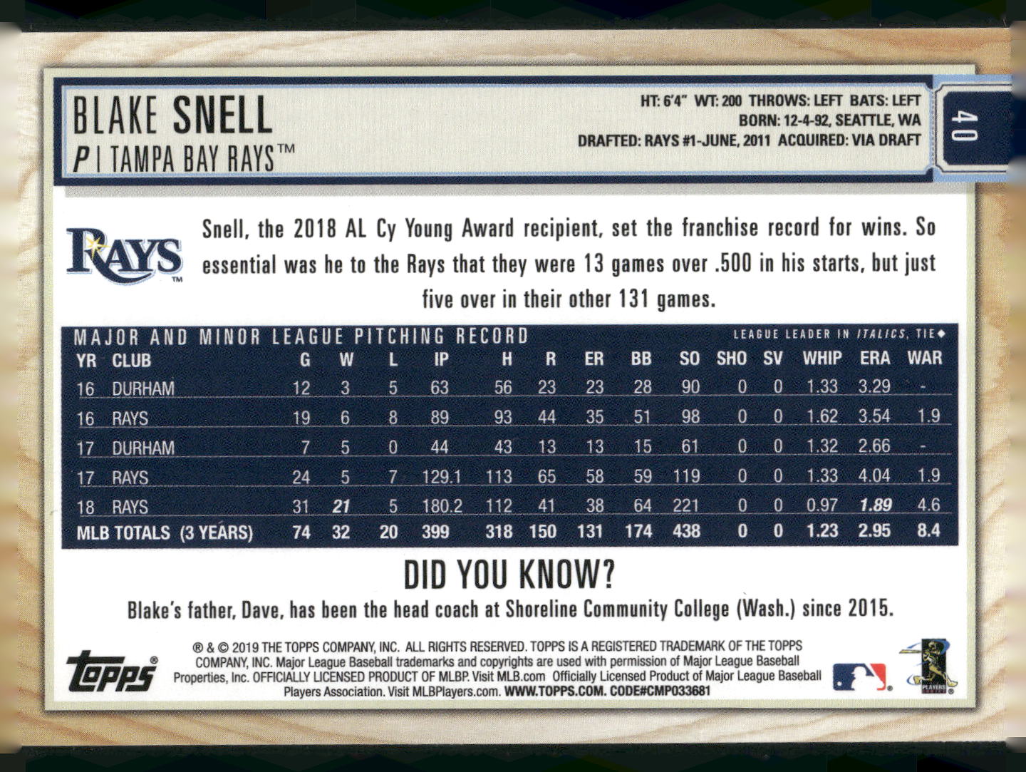 2019 Topps Big League #40 Blake Snell