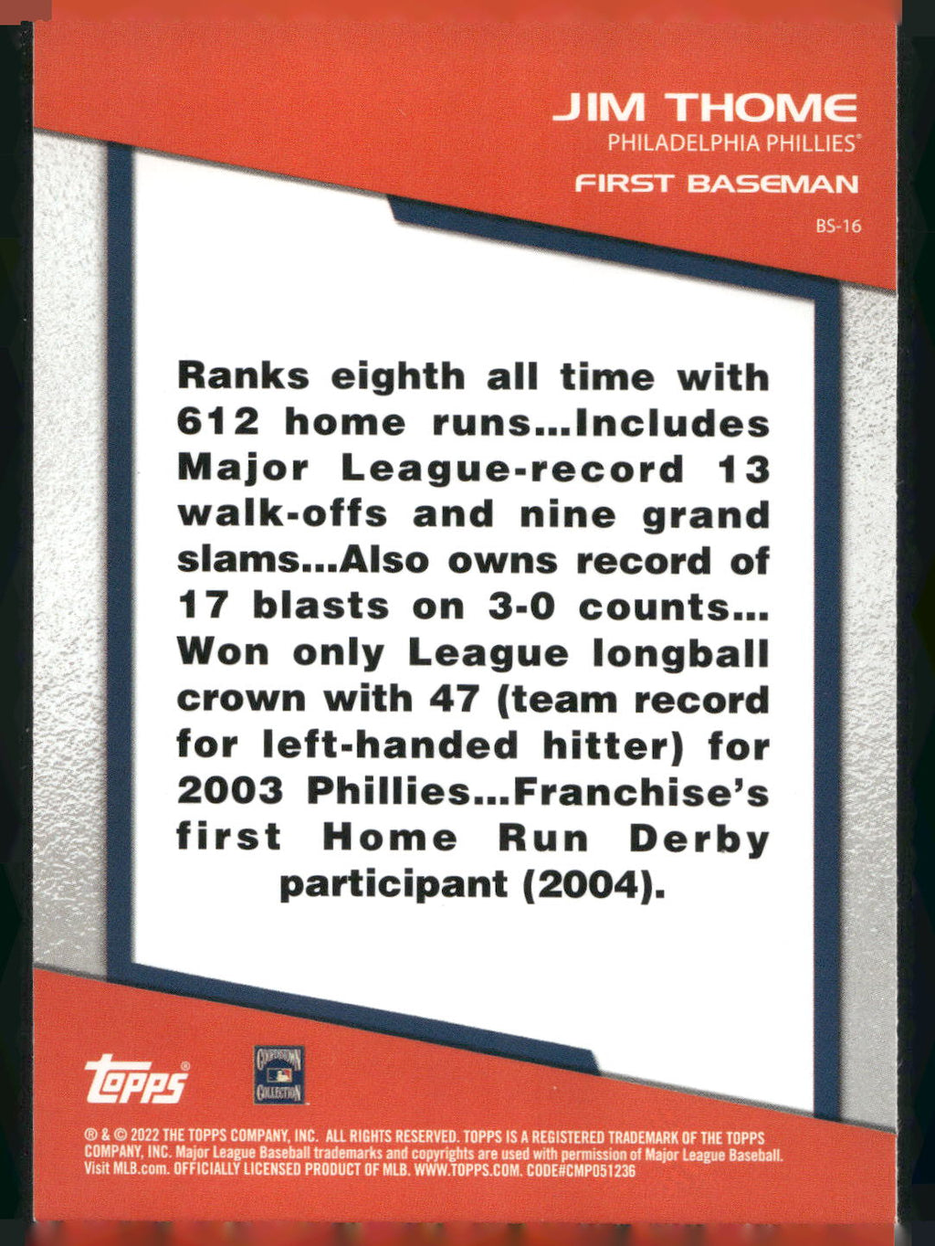 2022 Topps Opening Day #BS-16 Jim Thome Bomb Squad