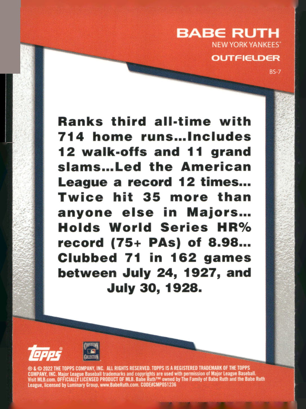 2022 Topps Opening Day #BS-7 Babe Ruth Bomb Squad