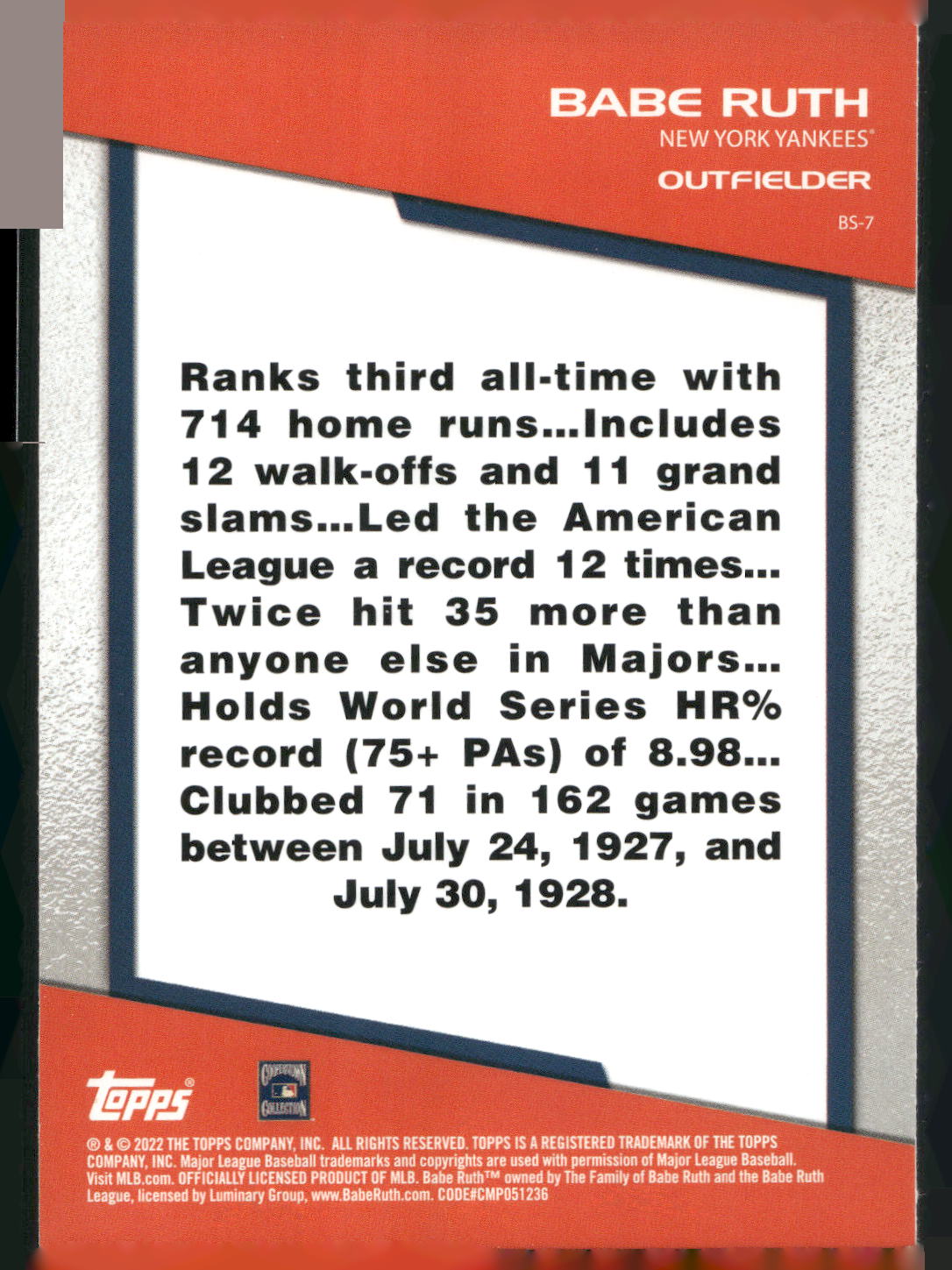 2022 Topps Opening Day #BS-7 Babe Ruth Bomb Squad