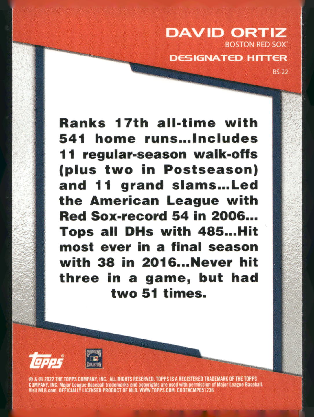 2022 Topps Opening Day #BS-22 David Ortiz Bomb Squad