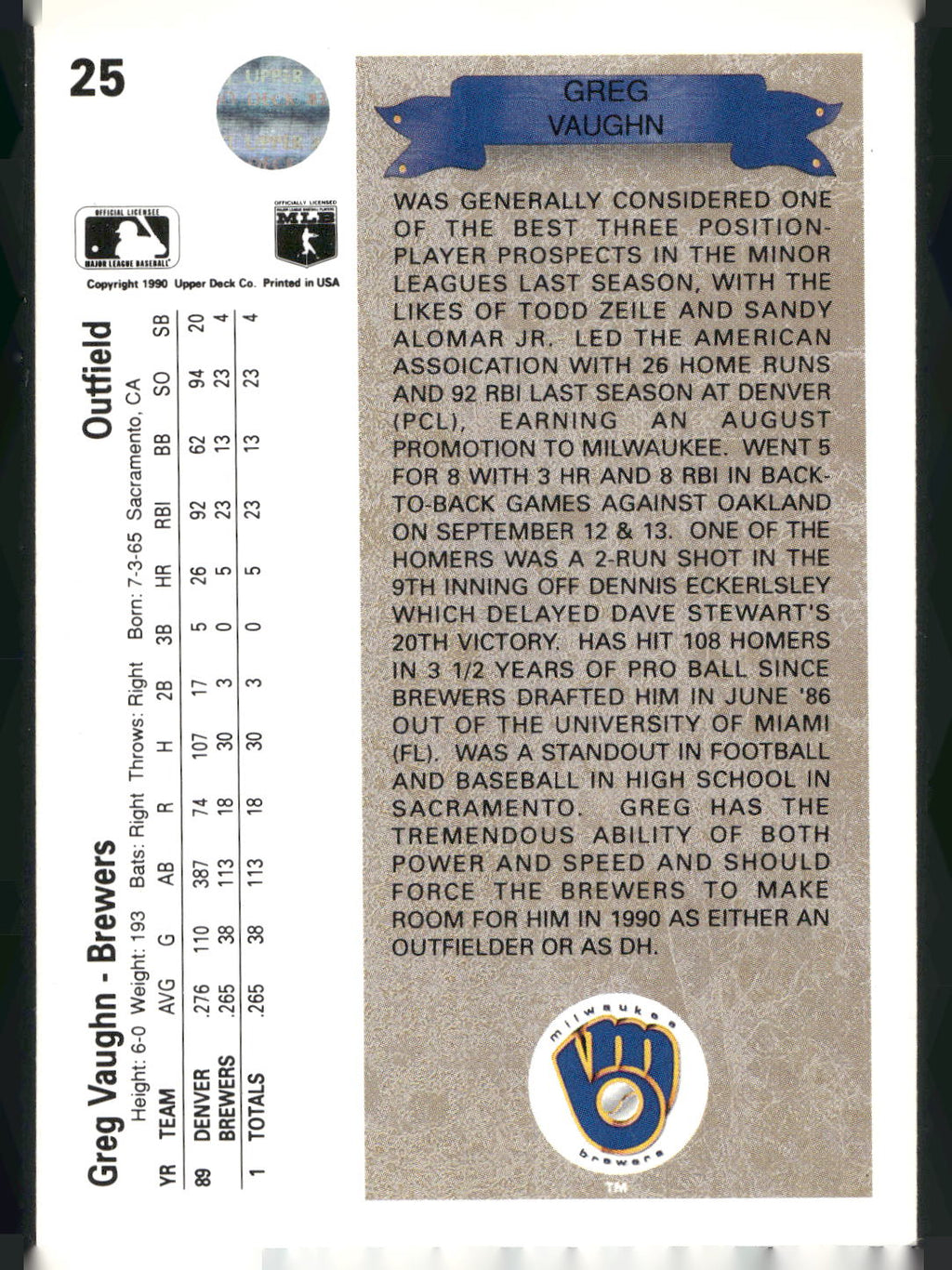 1990 Upper Deck #25 Greg Vaughn