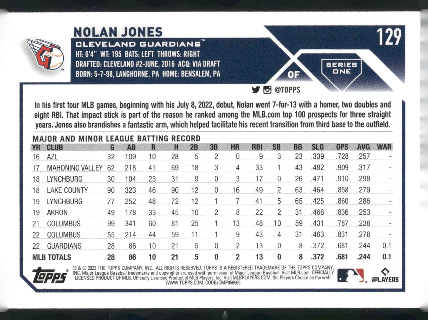 2023 Topps #129 Nolan Jones