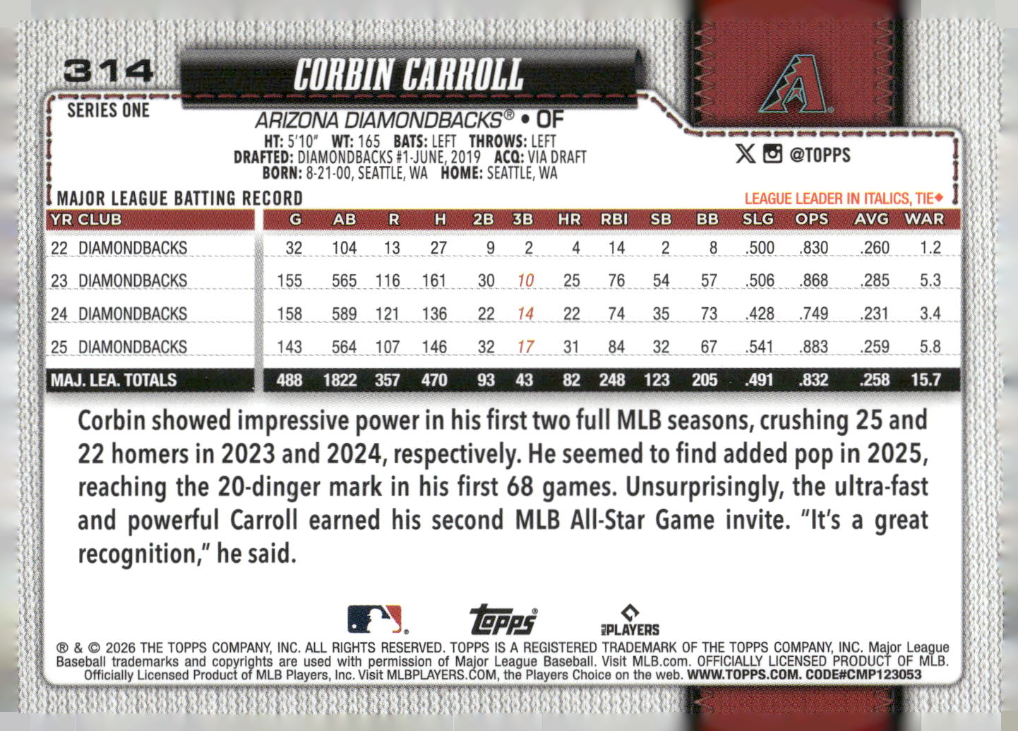 2026 Topps #314 Corbin Carroll