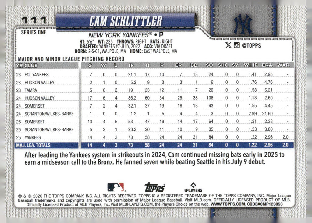 2026 Topps #111 Cam Schlittler