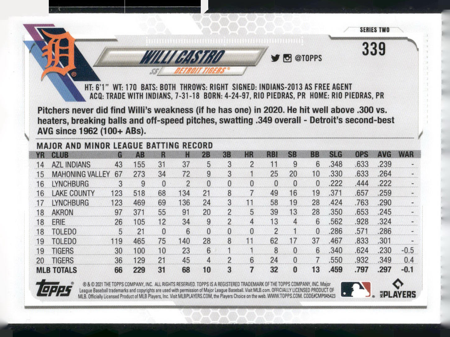 2021 Topps #339 Willi Castro Purple