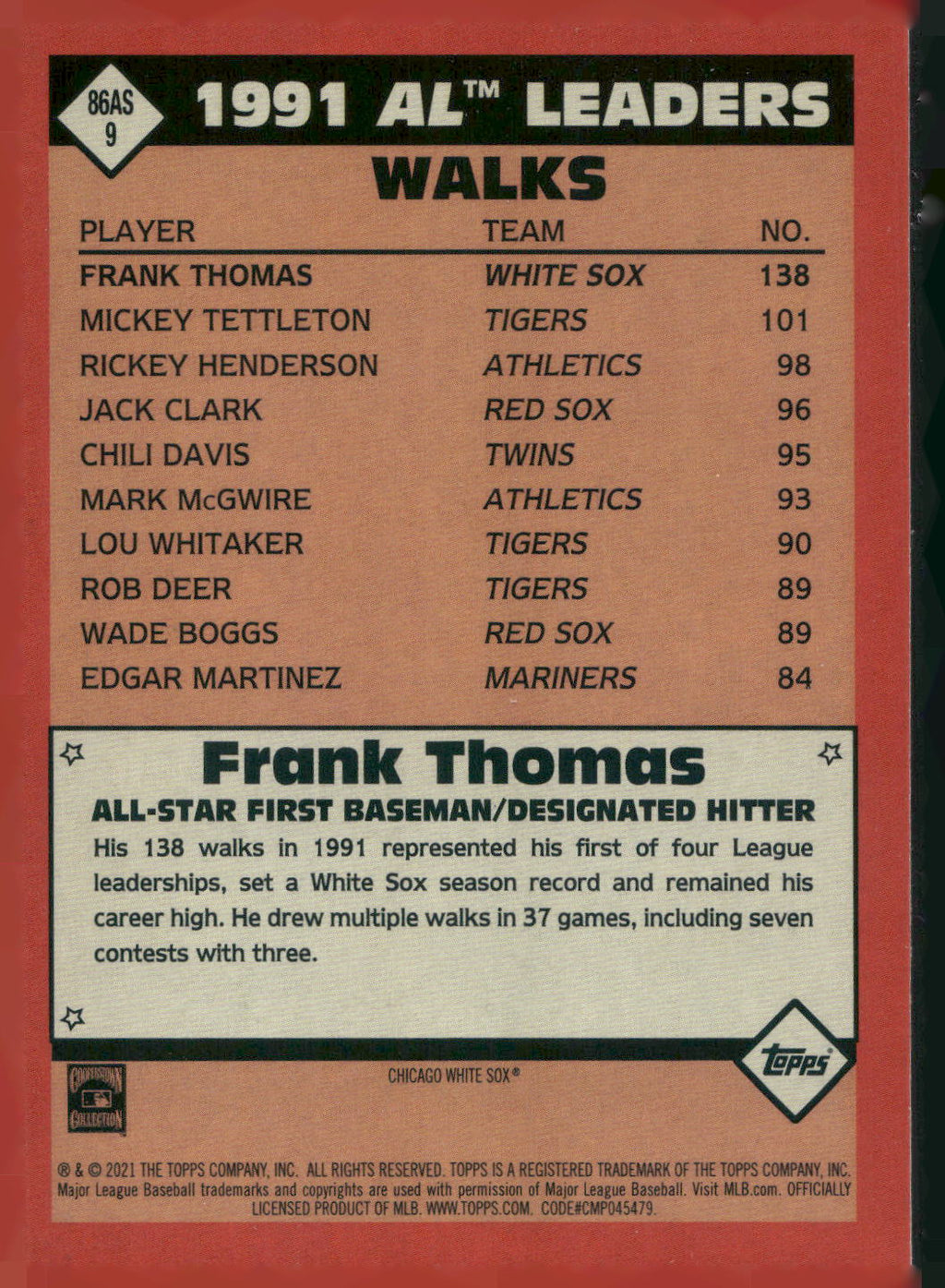 2021 Topps #86AS-9 Frank Thomas 1986 Topps Baseball 35th Anniversary All-Stars