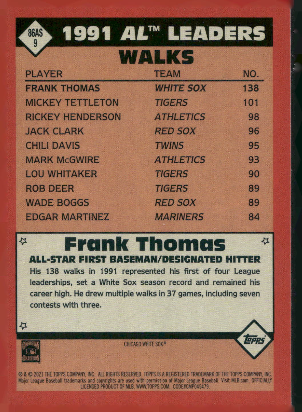 2021 Topps #86AS-9 Frank Thomas 1986 Topps Baseball 35th Anniversary All-Stars