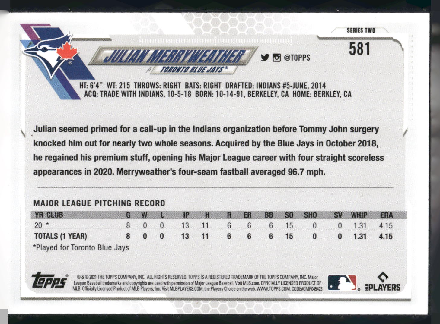 2021 Topps #581 Julian Merryweather Royal Blue
