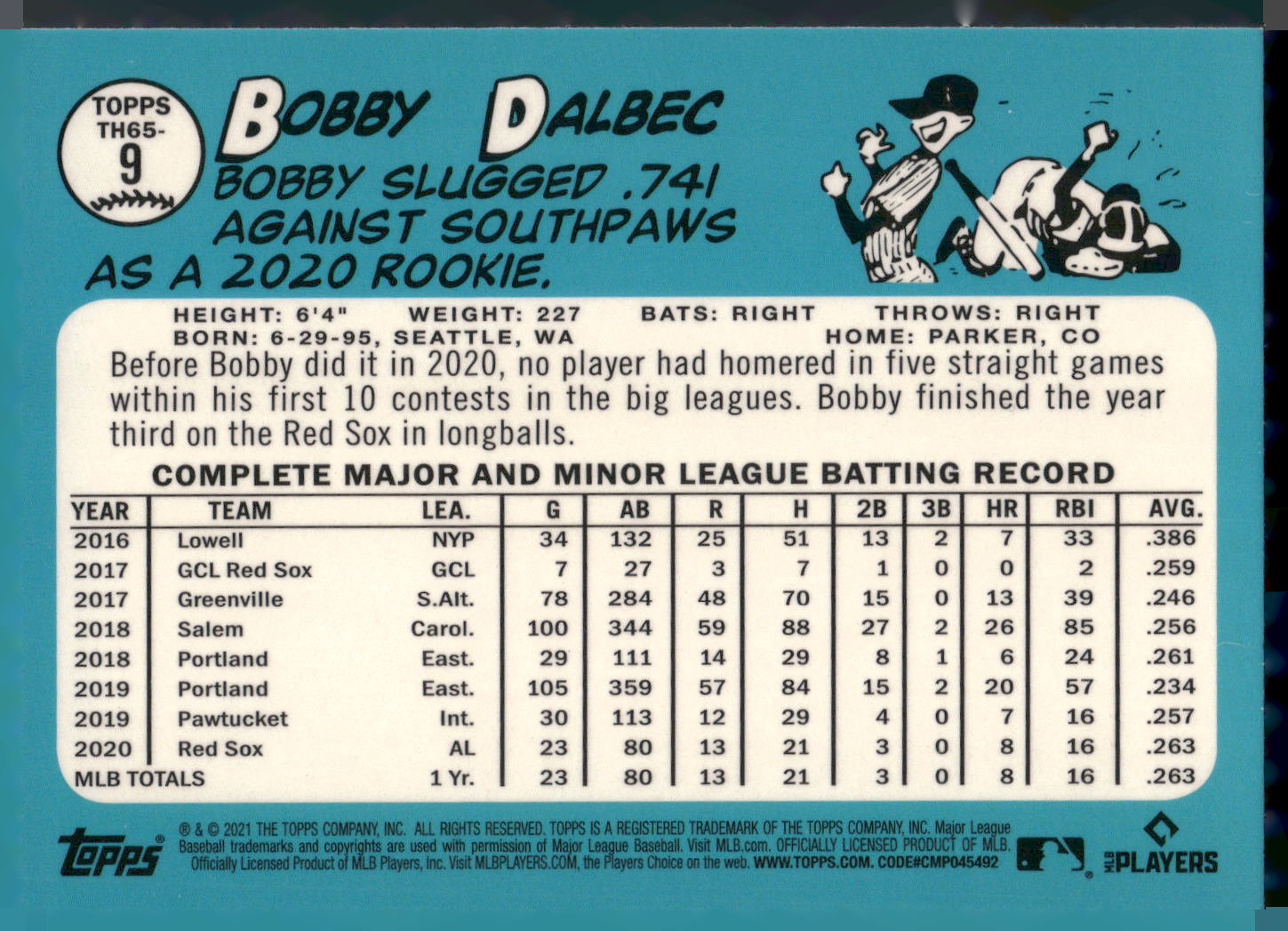 2021 Topps #TH65-9 Bobby Dalbec 1965 Topps Redux Chrome