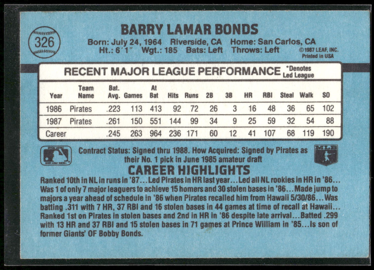 1988 Donruss #326 Barry Bonds