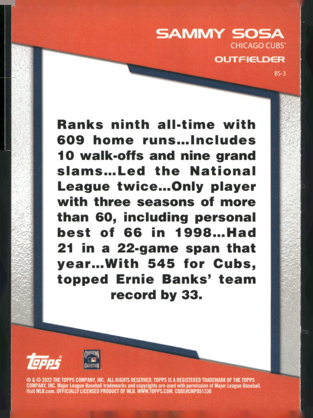 2022 Topps Opening Day #BS-3 Sammy Sosa Bomb Squad