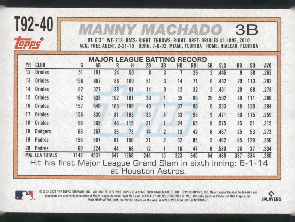 2021 Topps Update #T92-40 Manny Machado 1992 Topps Redux