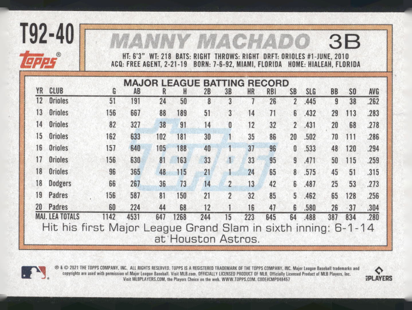 2021 Topps Update #T92-40 Manny Machado 1992 Topps Redux