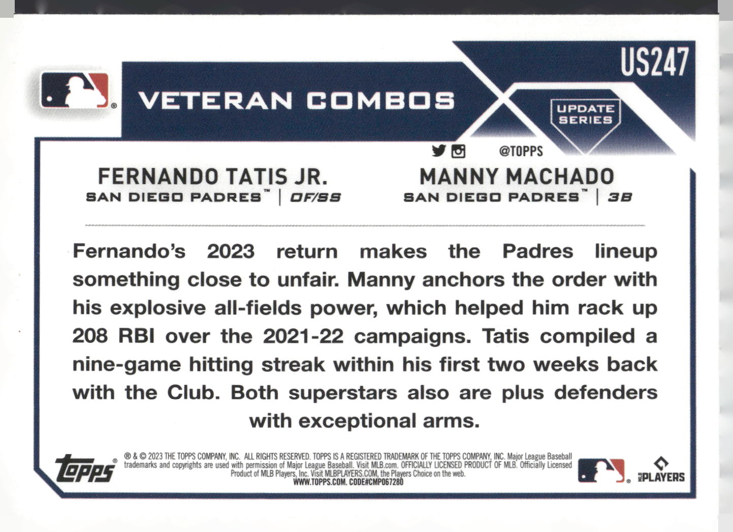 2023 Topps Update #US247 City Connection (Fernando Tatis Jr. / Manny Machado)