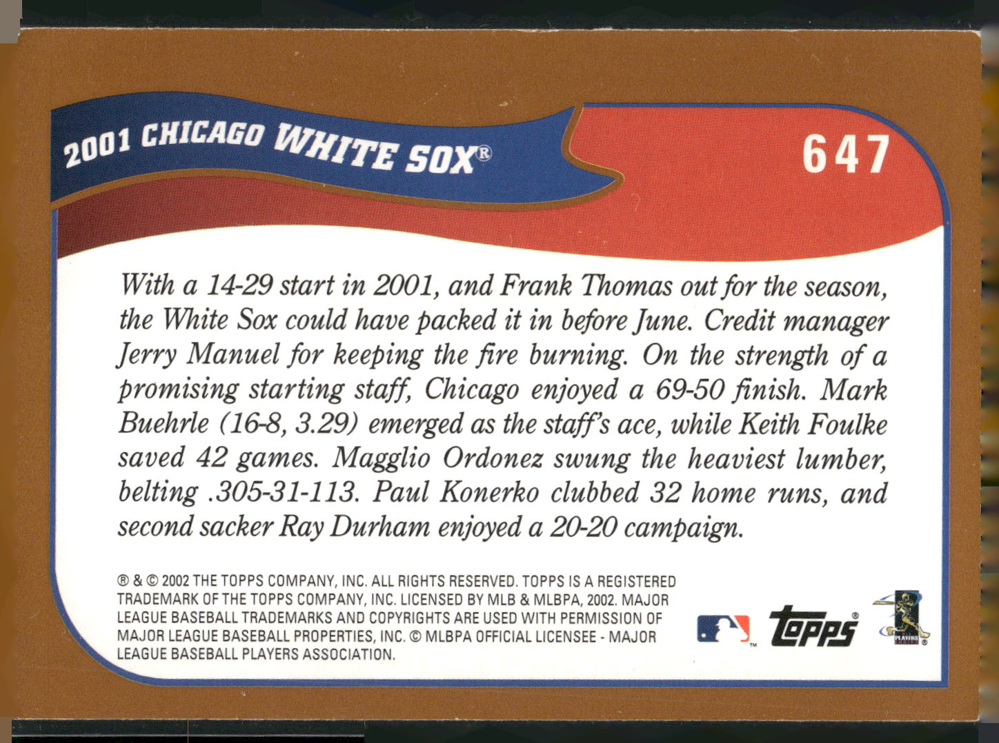 2002 Topps #647 Chicago White Sox