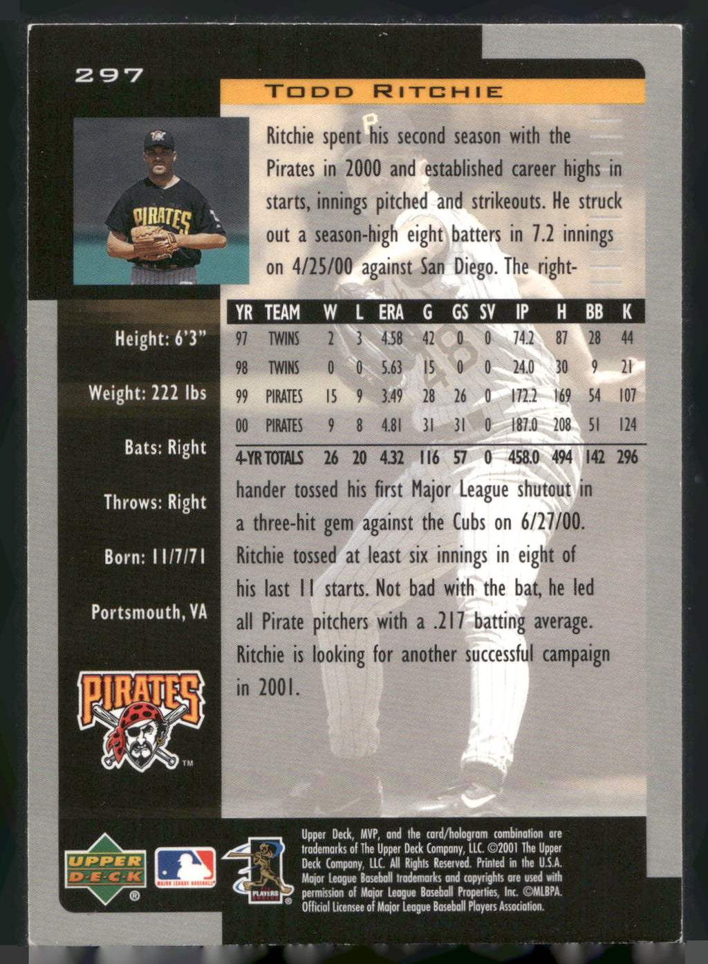 2001 Upper Deck MVP #297 Todd Ritchie