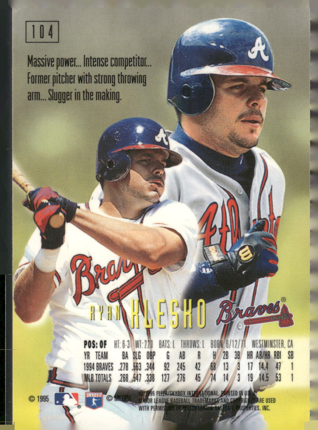 1995 SkyBox E-Motion #104 Ryan Klesko