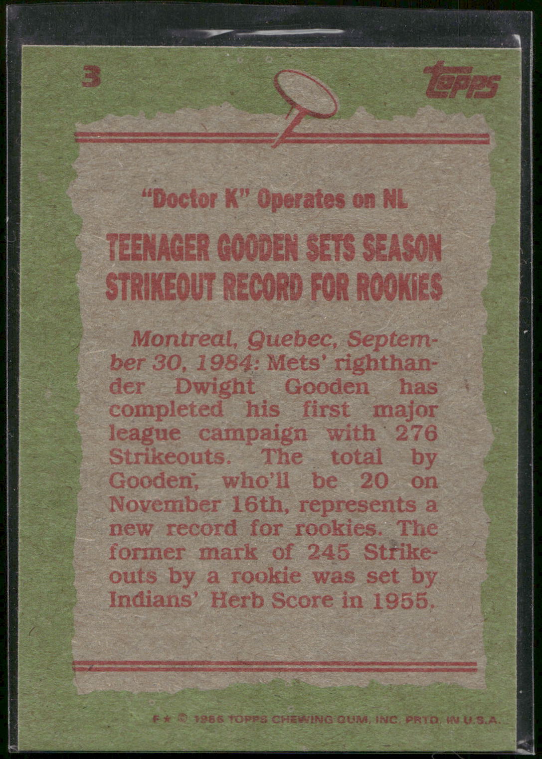 1985 Topps #3 Dwight Gooden