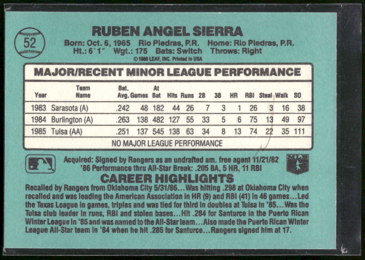 1986 Donruss The Rookies #52 Ruben Sierra