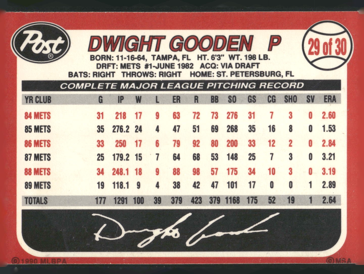 1990 Post #29 Dwight Gooden