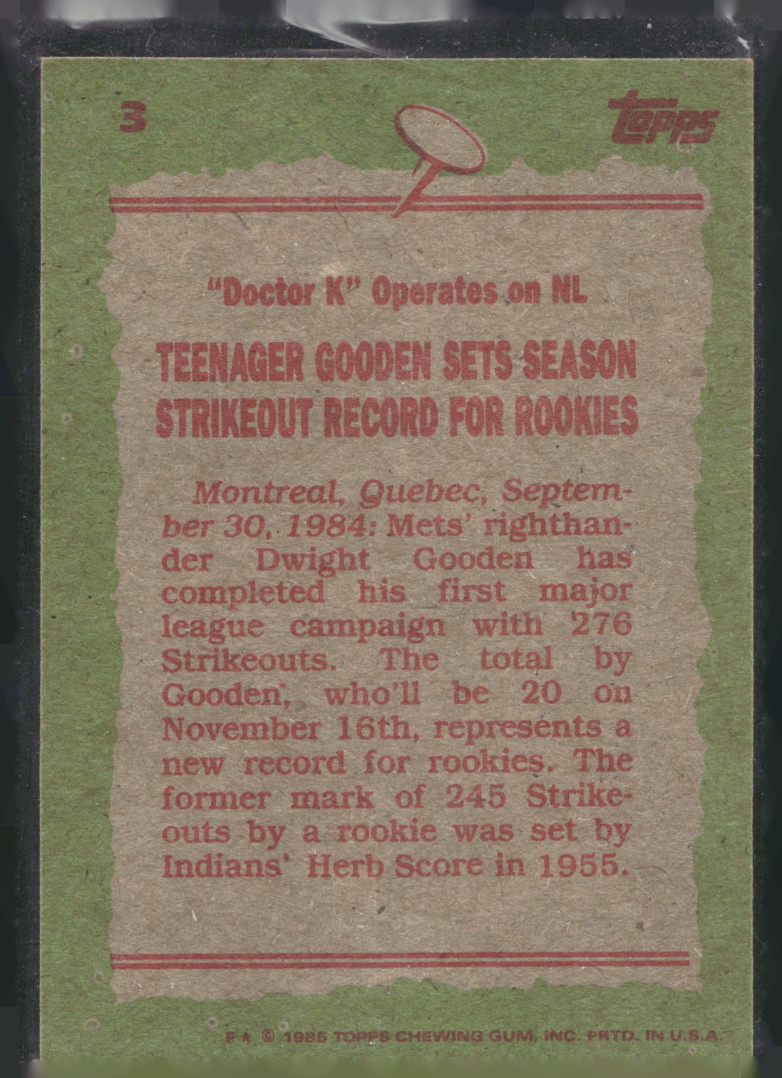 1985 Topps #3 Dwight Gooden