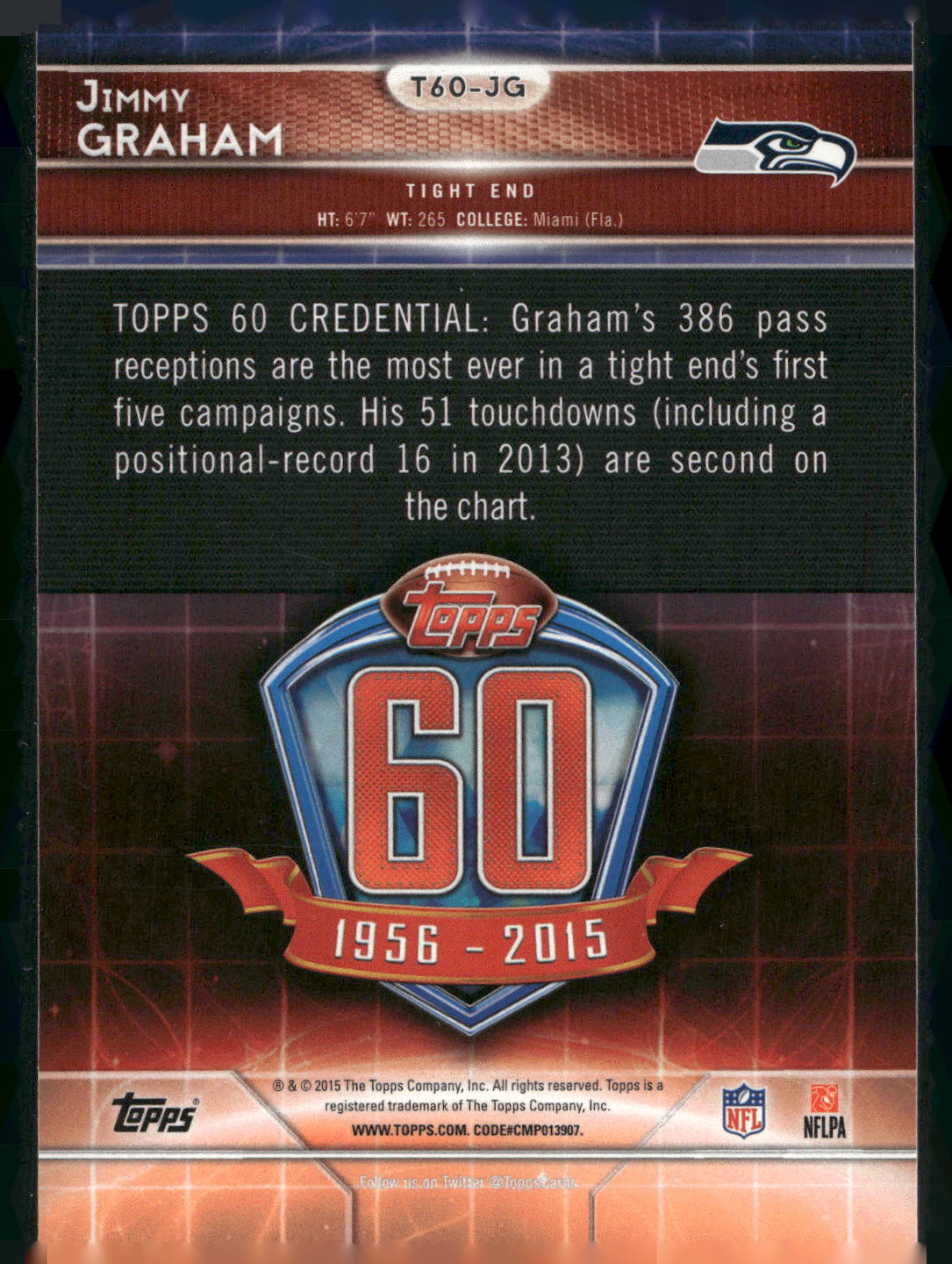 2015 Topps #T60-JG Jimmy Graham 60th Anniversary