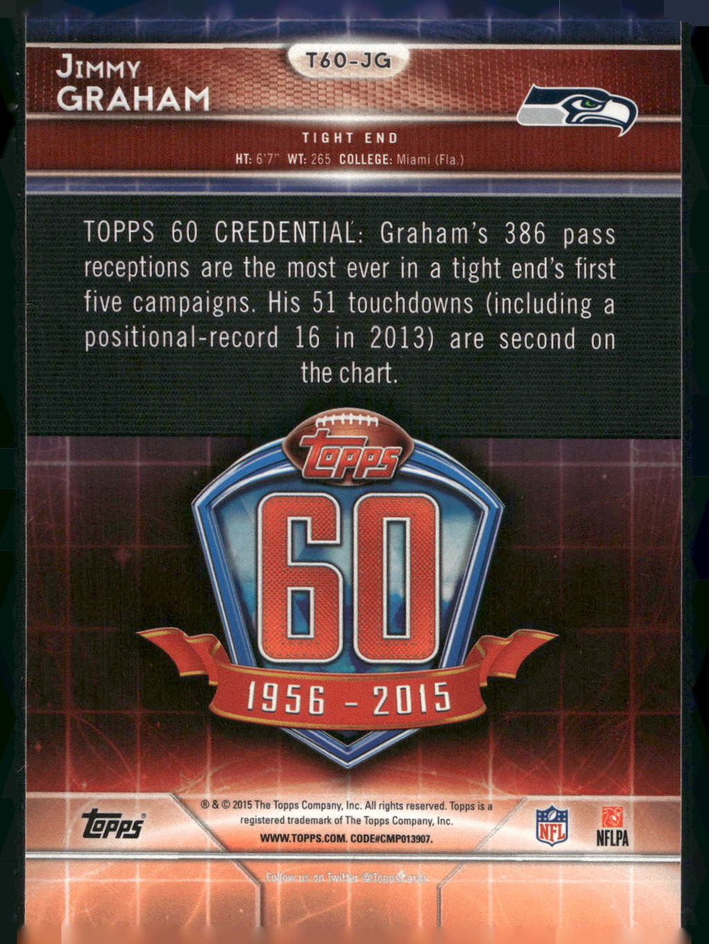 2015 Topps #T60-JG Jimmy Graham 60th Anniversary