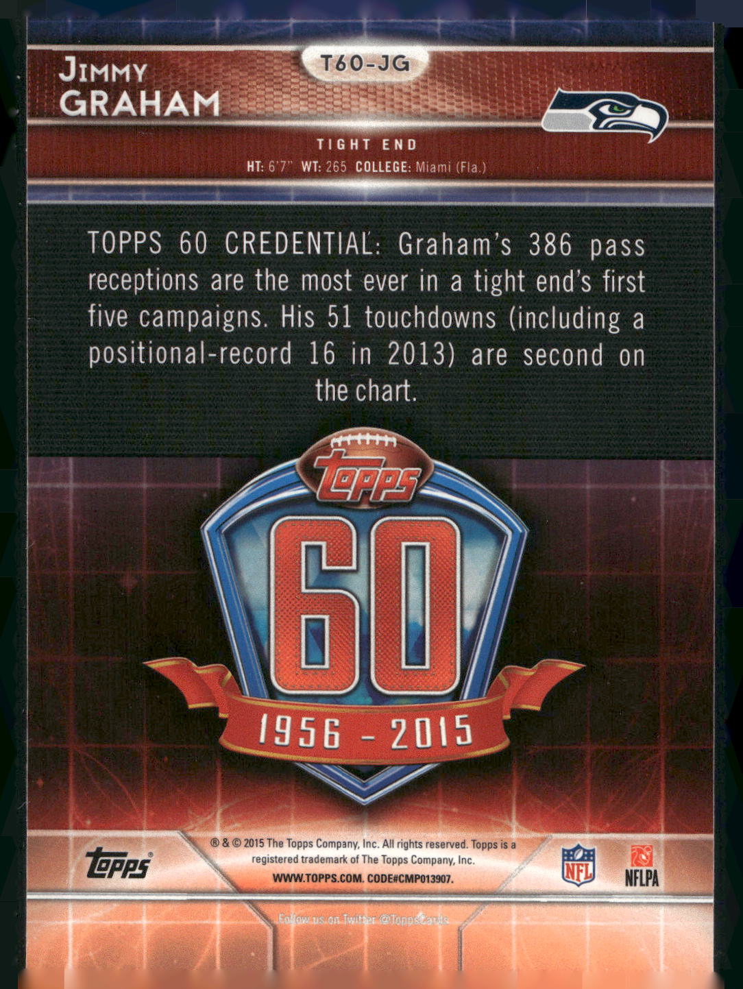 2015 Topps #T60-JG Jimmy Graham 60th Anniversary