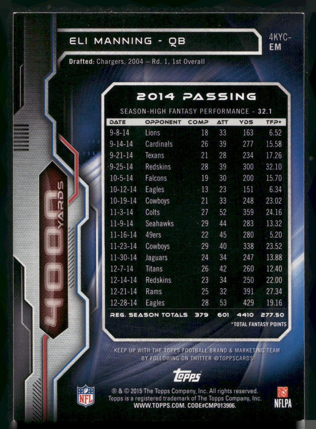2015 Topps #4KYC-EM Eli Manning 4000 Yard Club