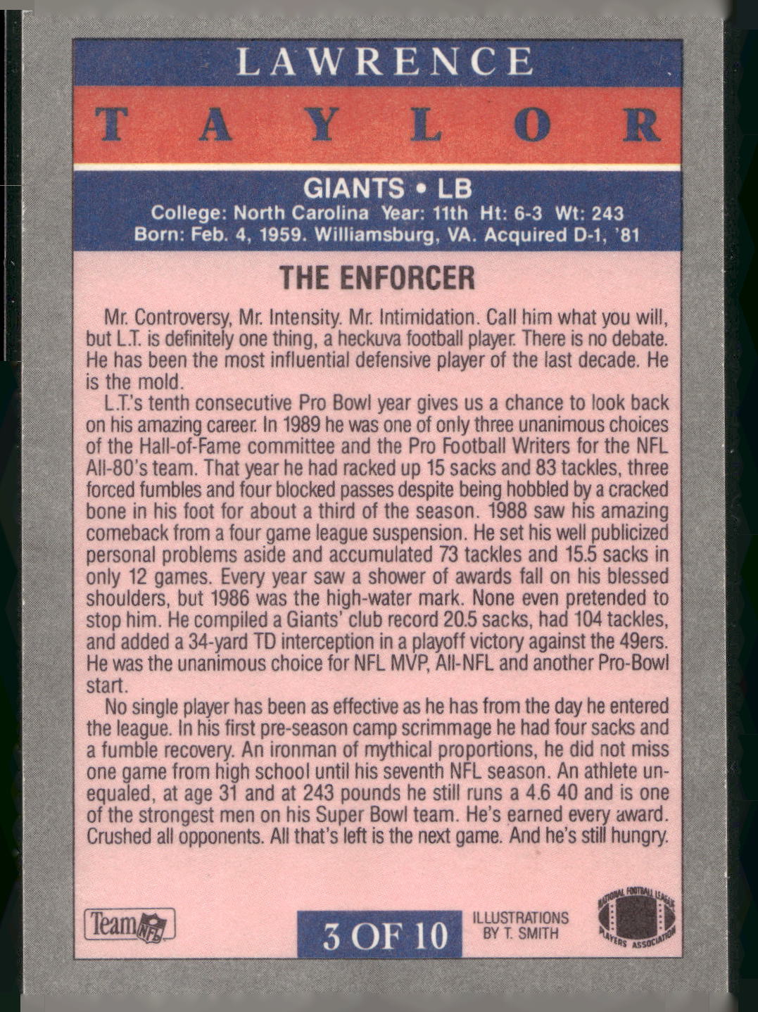 1991 Fleer #3 Lawrence Taylor Pro-Visions