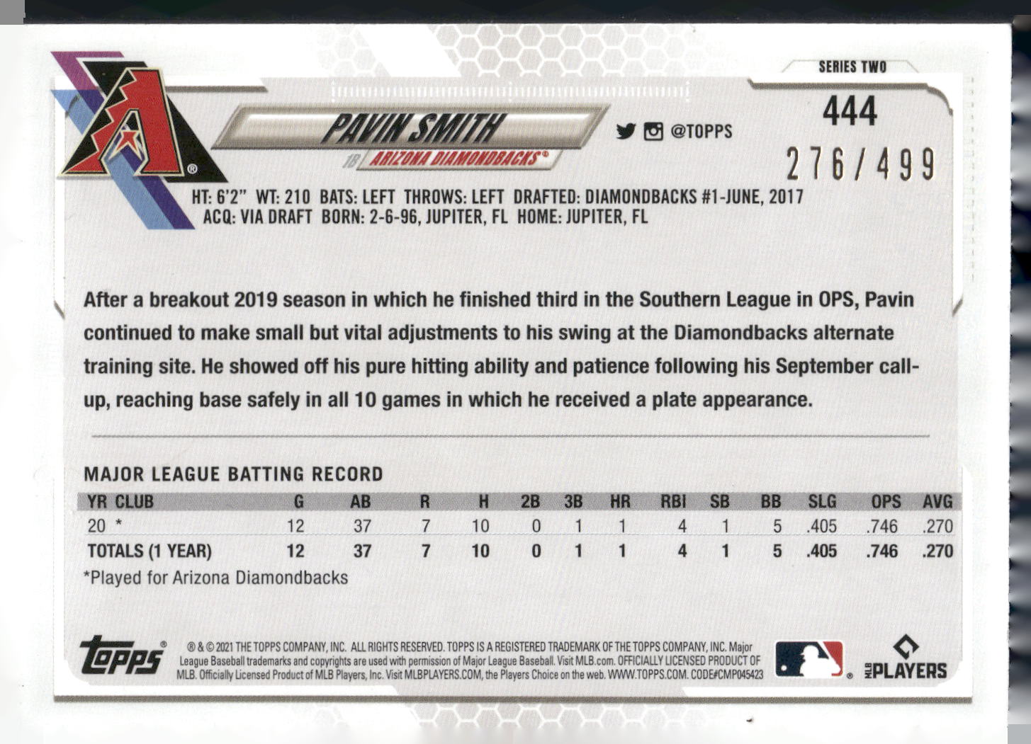 2021 Topps #444 Pavin Smith Green #/499