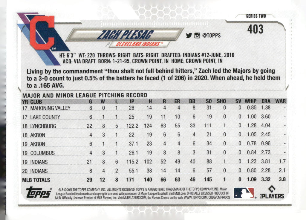 2021 Topps #403 Zach Plesac Rainbow Foil