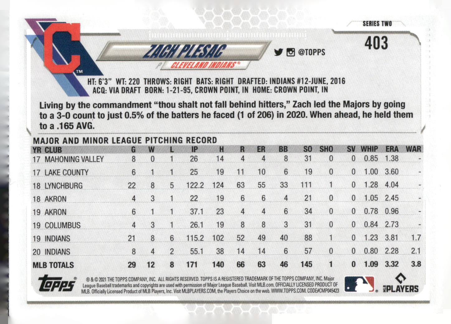 2021 Topps #403 Zach Plesac Rainbow Foil