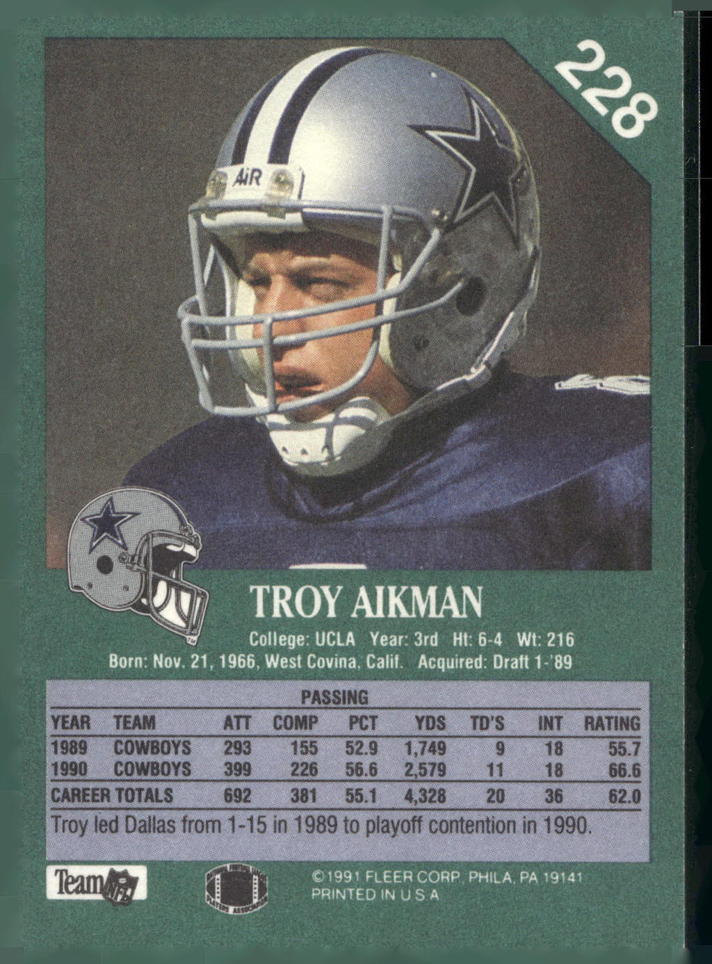 1991 Fleer #228 Troy Aikman