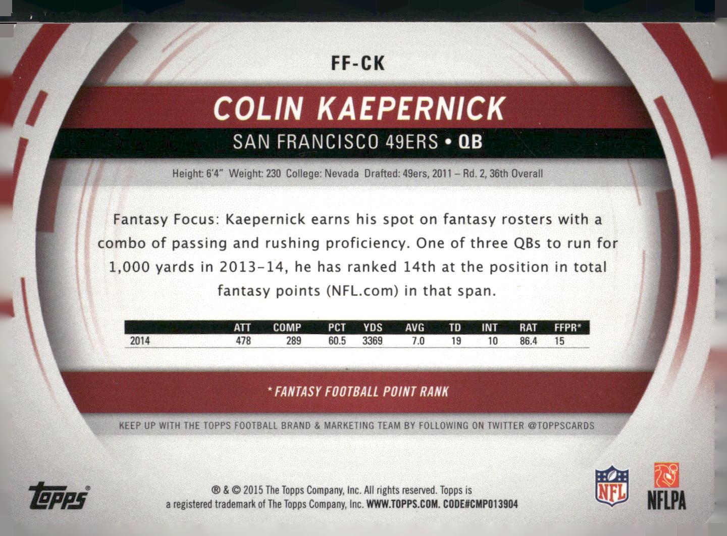 2015 Topps #FF-CK Colin Kaepernick Fantasy Focus